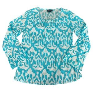 Madison Mathews Turquoise Ikat Cotton Top Henley Medium Resortwear Coastal Light
